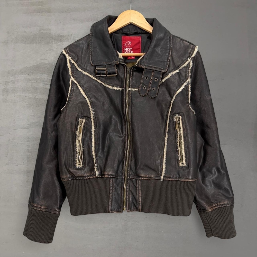 Y2K Hot Kiss Bomber Jacket Glam Brown Faux Leather Fur Trim Distressed XL